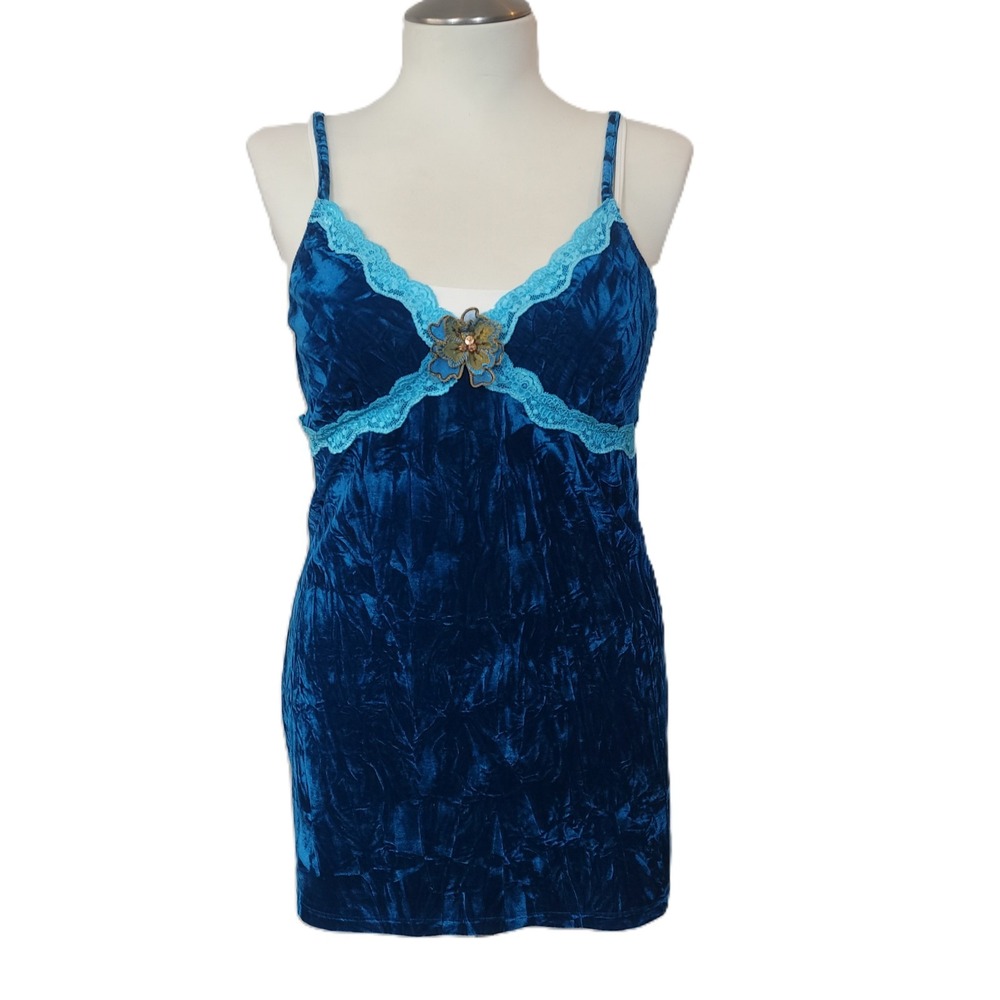 Intimate Attitudes Velvet Chemise Women Medium Teal Blue Lace Trim Floral Slip